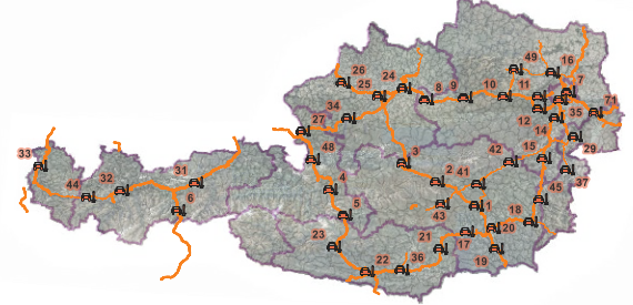 Uebersicht aller 43 Autobahnmeistereien ABM und Stuetzpunkte der ASFINAG Service GmbH in Oesterreich